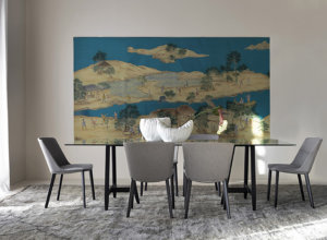 hand painting chinese ornament on dining room with blue background for driade catalogue