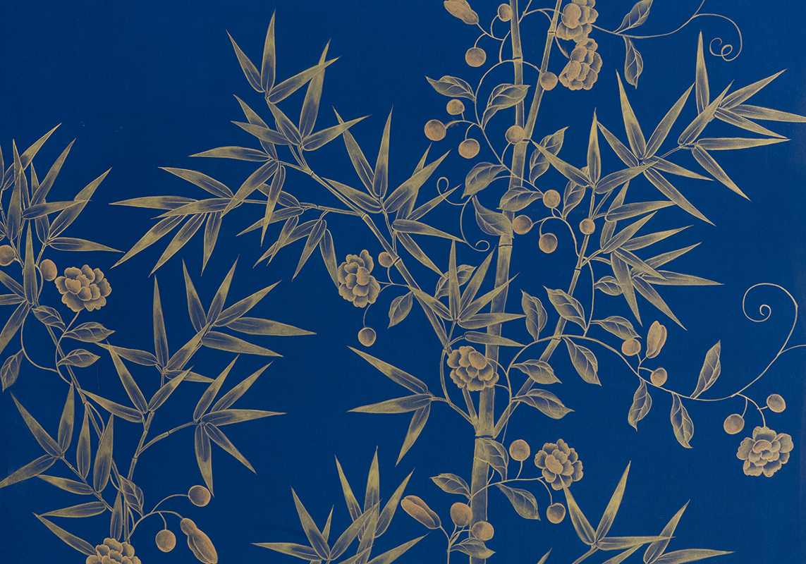 beautiful details gold bamboo garden on blue china silk wallpaper