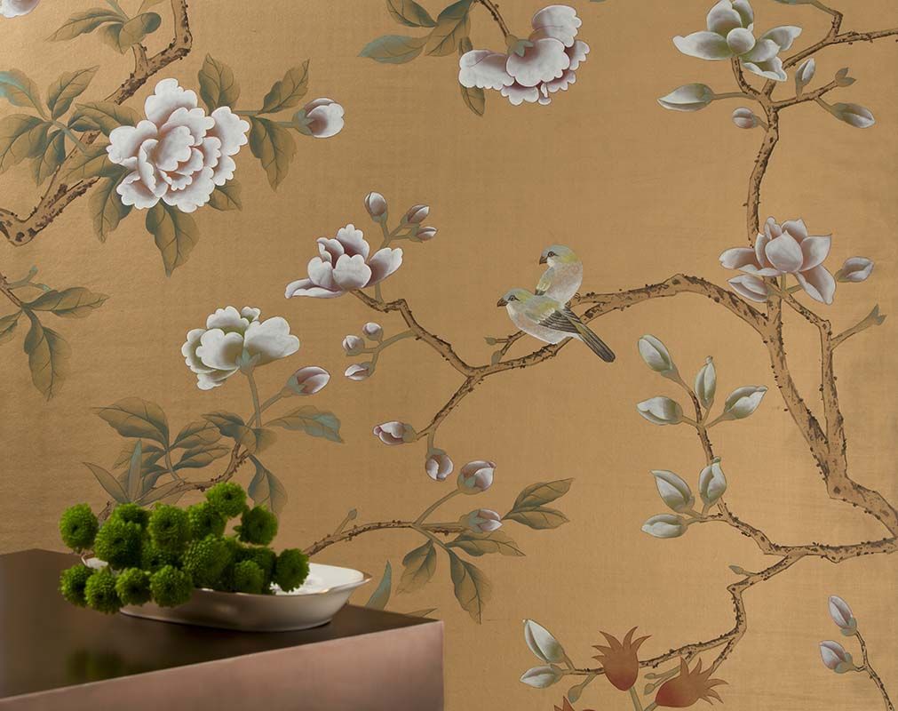 silk wallpaper with imperial garden design with gold powder silk background