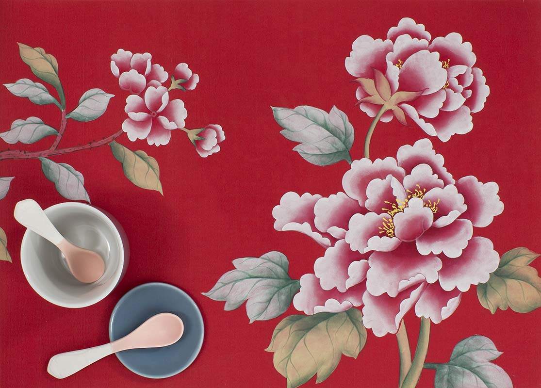 Beautiful details Red peonies silk wallcoverings on red background