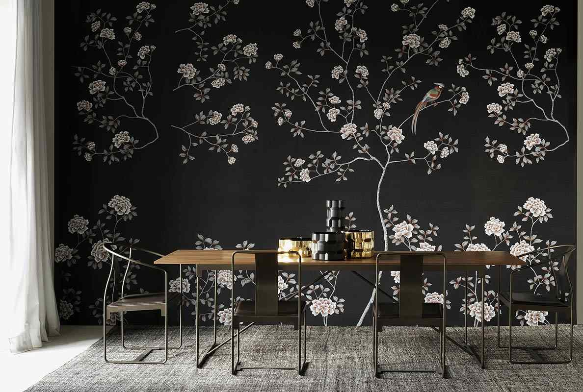 peonies flower silk wallcoverings for dining room driade catalogue with black background