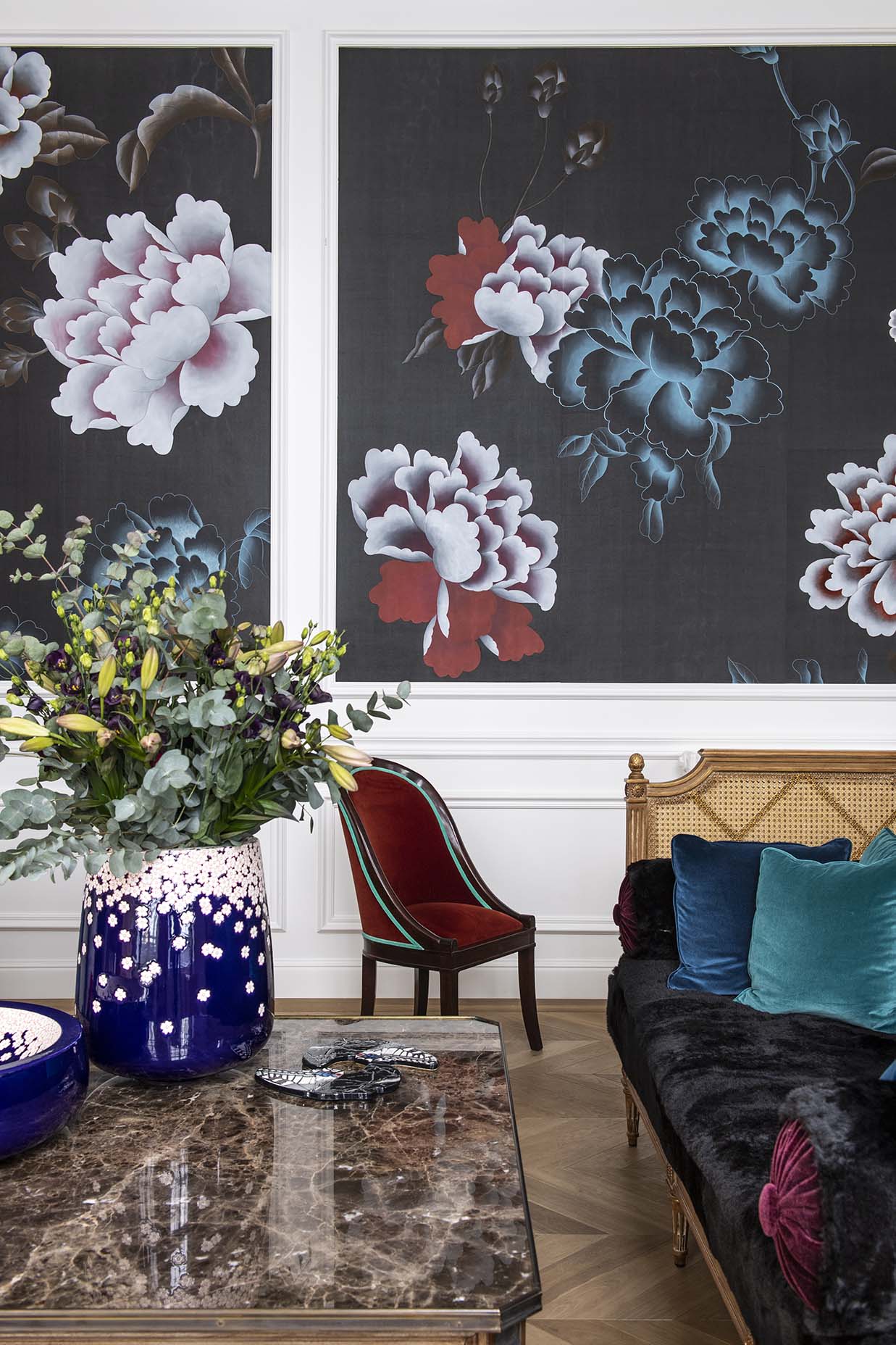 interior with chinoiserie floating peonies design on pure silk