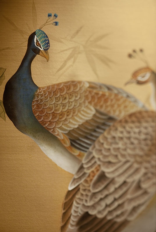 Beautiful details of hand painted peacocks wallpaper on silk for lobby hotel