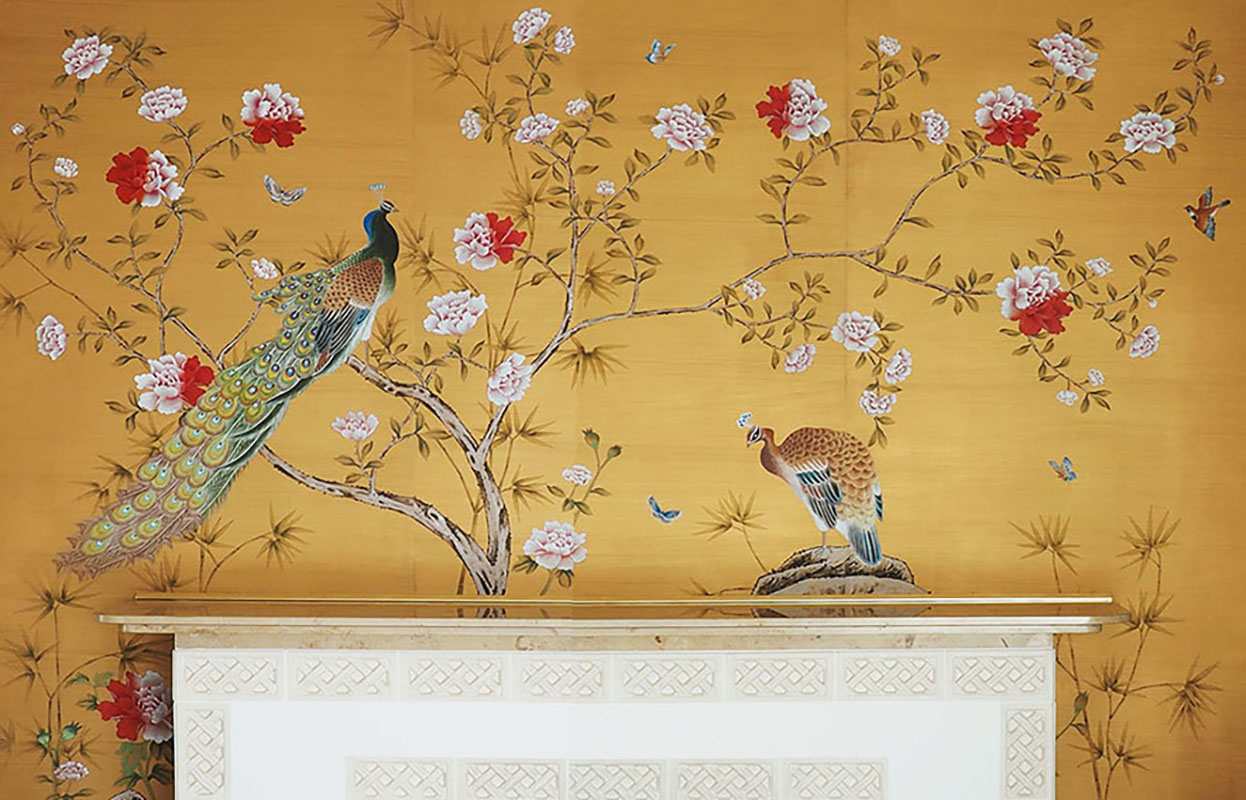 hand painted chinoi serie peacock wallcoverings for kempiski hotel on gold colour theme