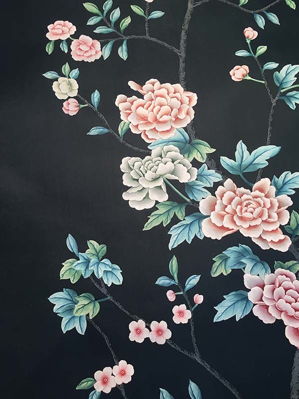 chinoiserie silk wallcoverings with peony blossoms design on pure silk