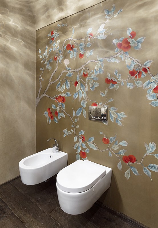 beautiful bathroom with red kaki wallcoverings suitable for hotel and villa