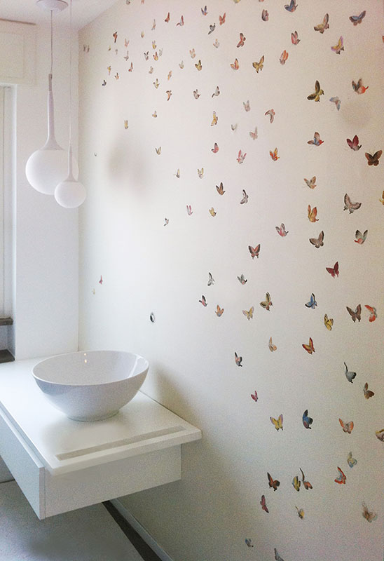 white background butterflies silk wallcoverings for powder room with water resistant treatment