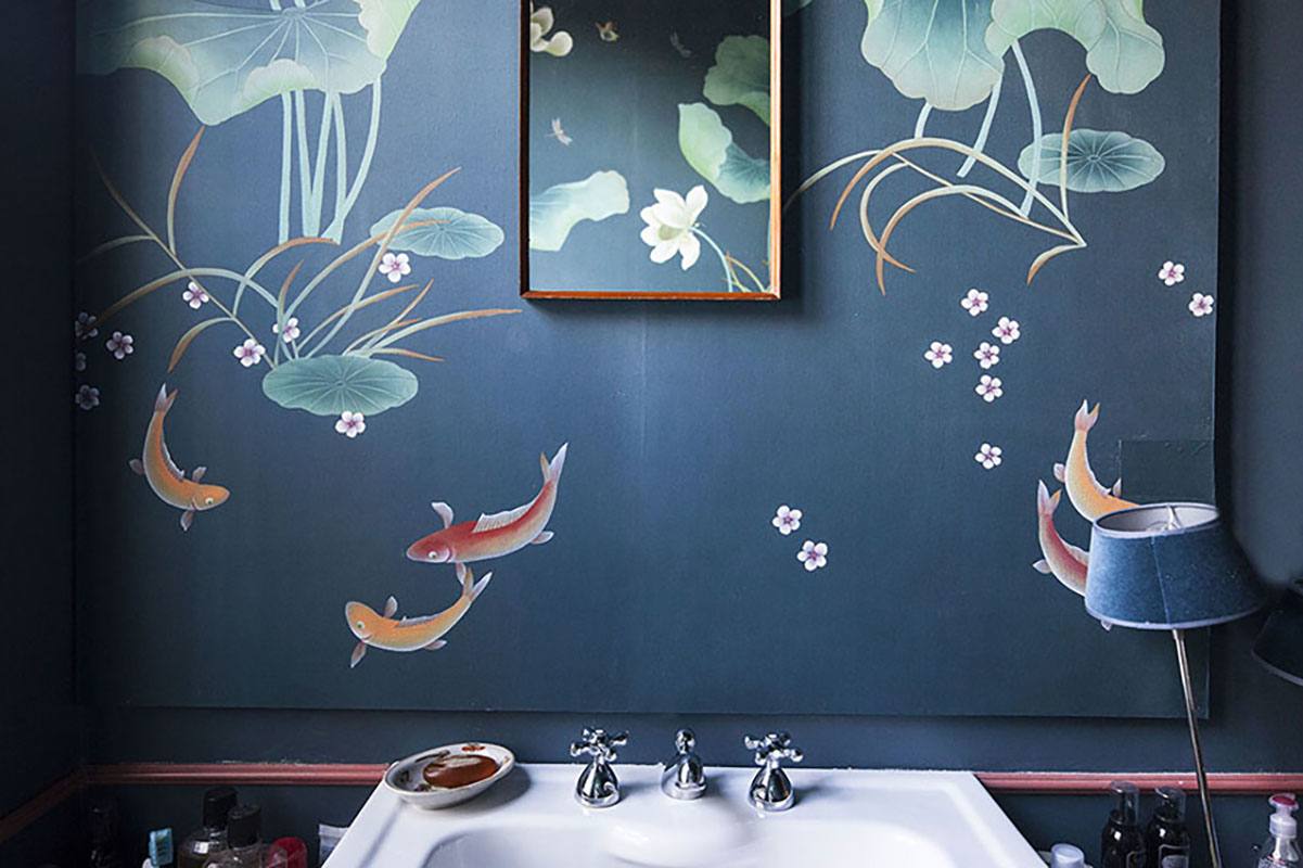 water resistant wallcoverings with fish handpainted for bathroom