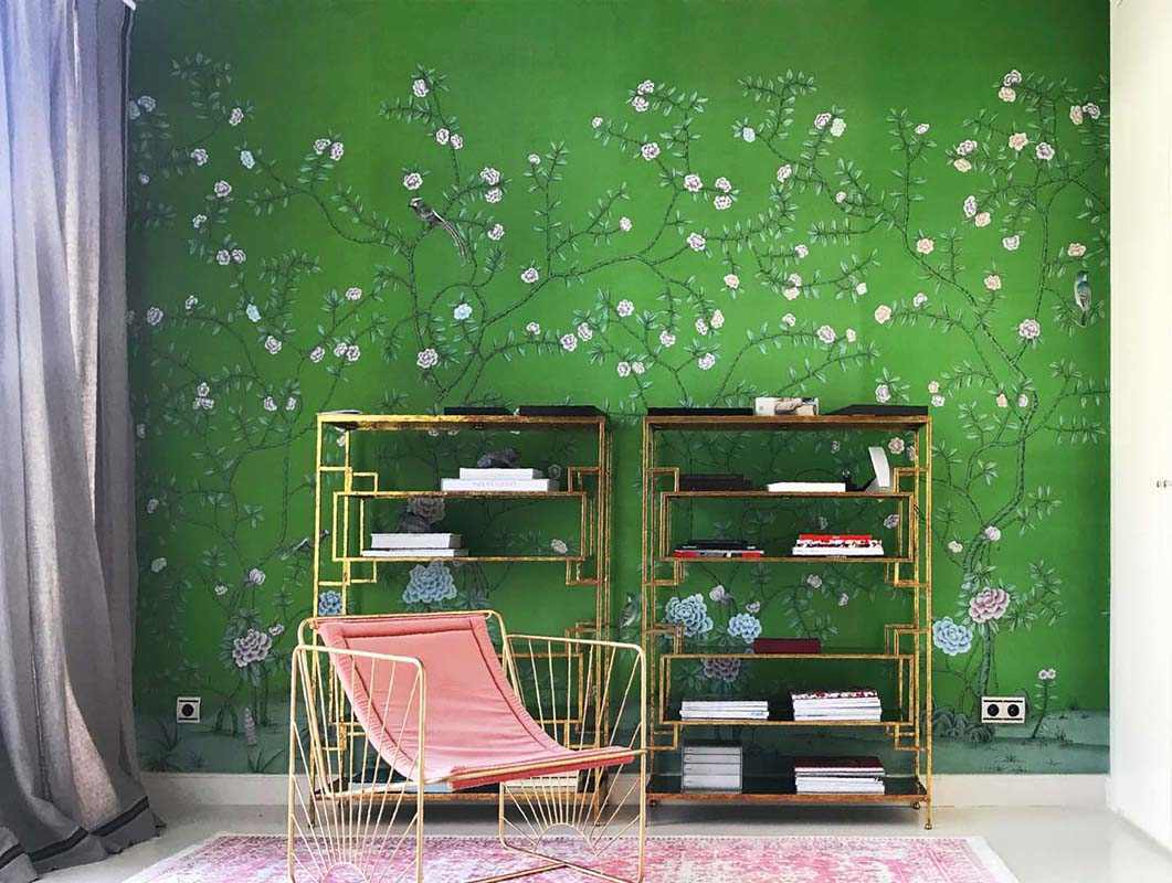 oriental wallcovering on green silk wallcoverings with pink details on living room