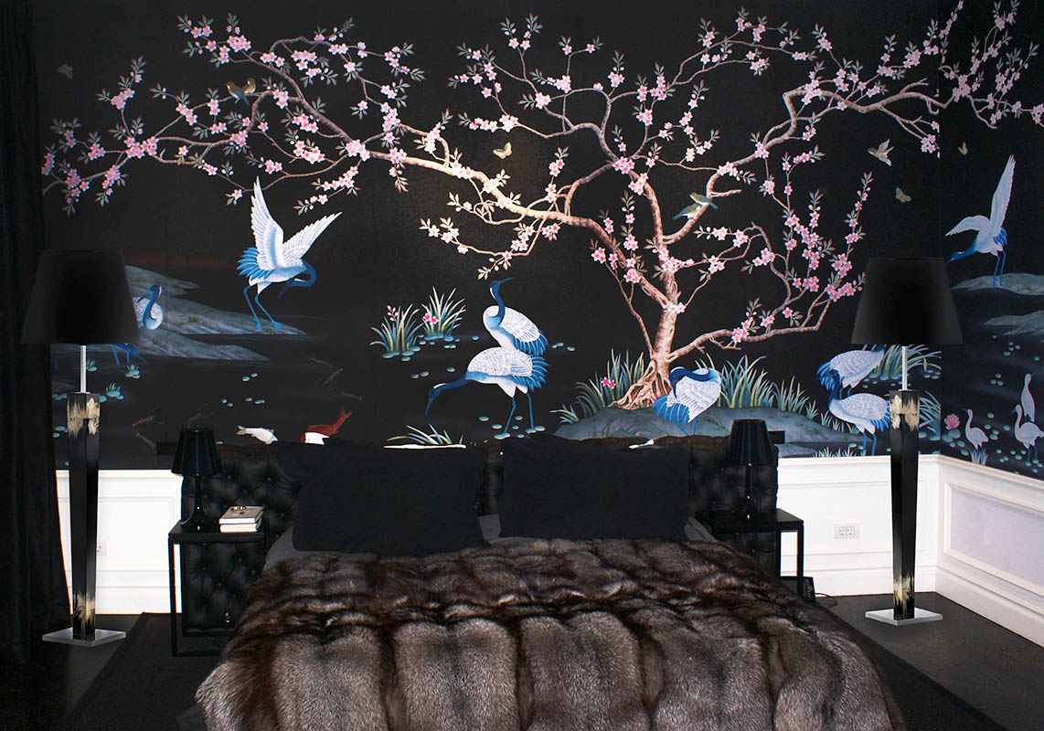 custom design wallpaper on pure silk for bedroom with oriental style black colour