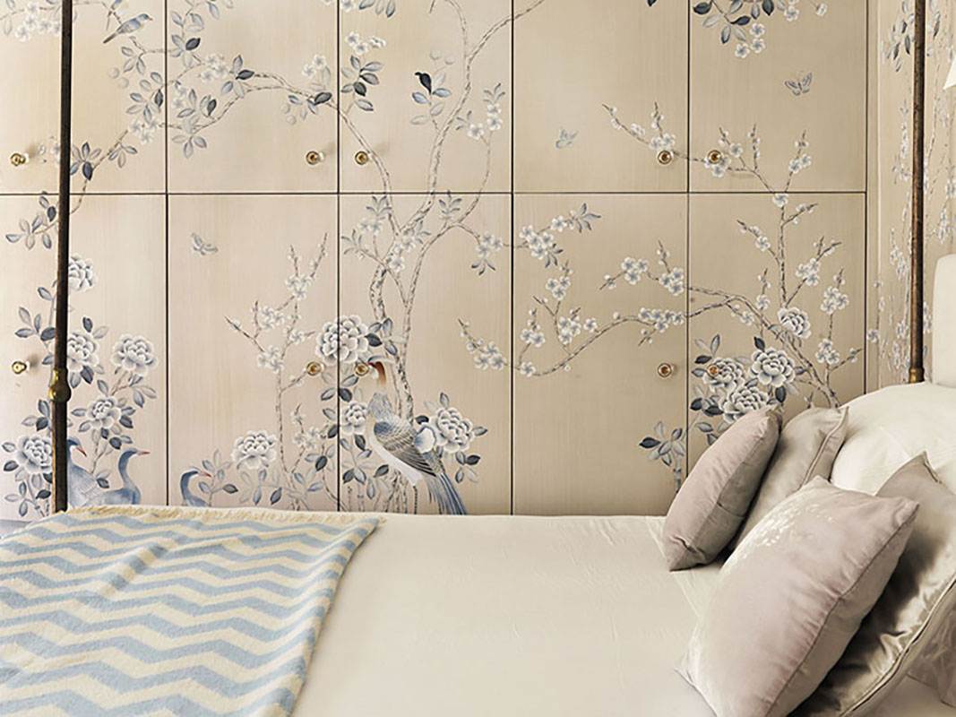 custom design wallcoverings with blue bird and blue flowers on silk and cream background