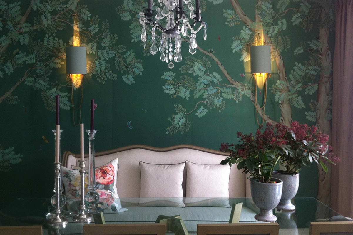 beautiful background for dining room with pagoda tree motif on silk