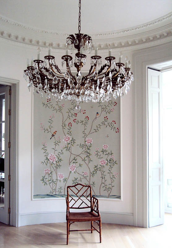 beautiful wallpaper for entrance with oriental style on white silk background