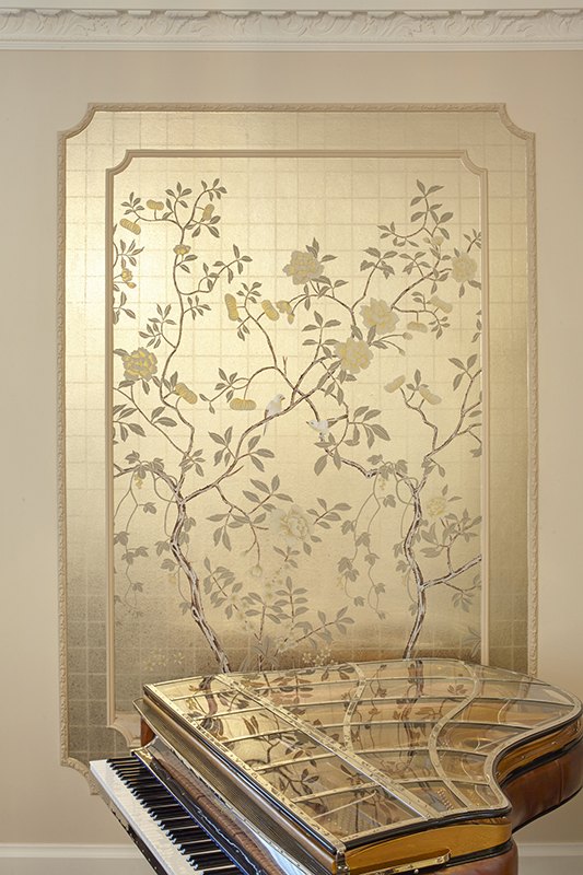 Custom hand painted wallpaper on metallic with oriental design for living room
