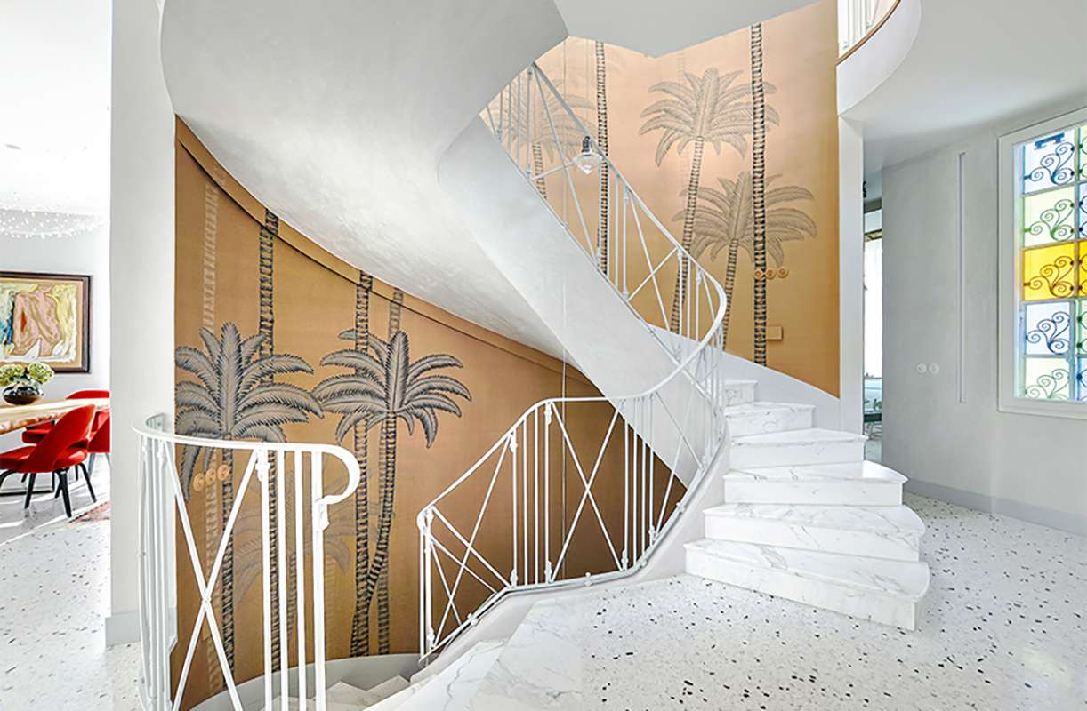 beautiful hand painted palm wallcoverings on Dupion silk, for living room and stairs