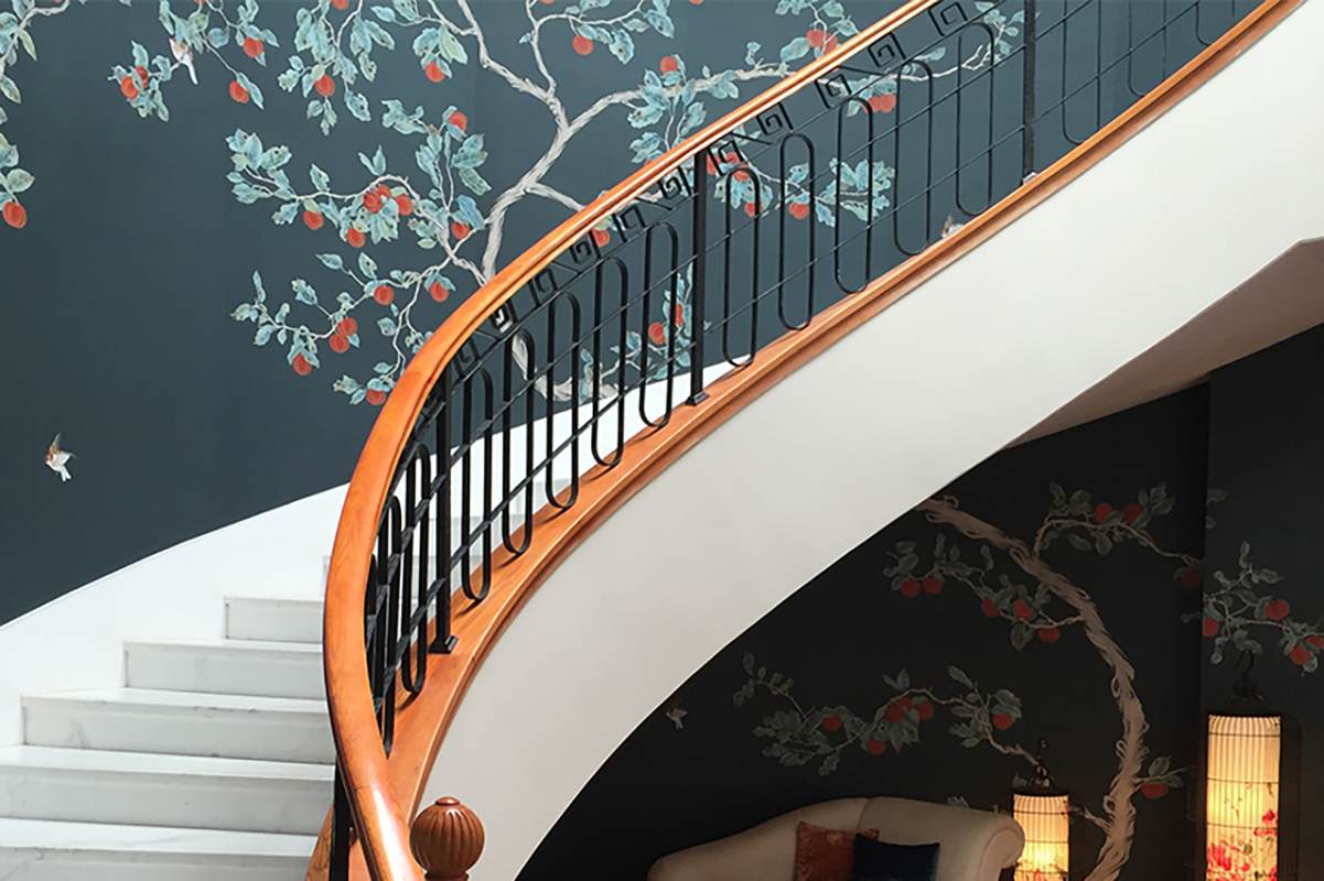 japanese style wallcoverings with red kaki tree for living room and stairs