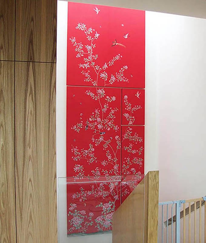 hand painted silk wallcovering chinoi serie on frame with red background