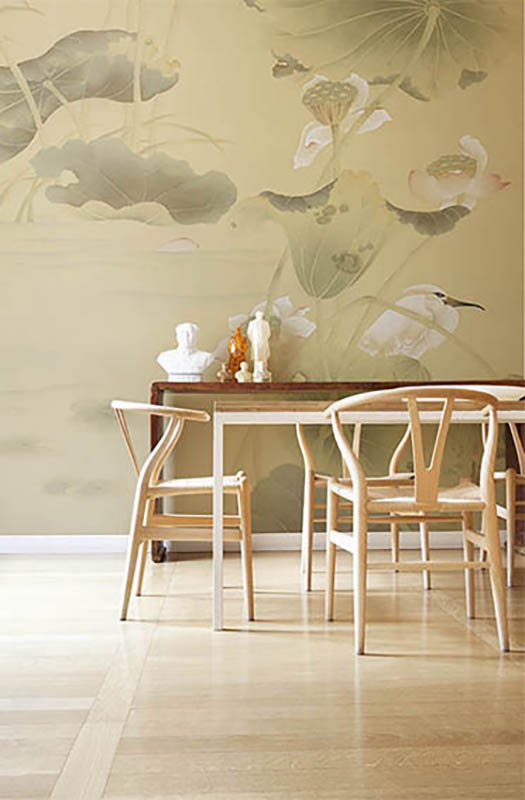 lotus blossom and white heron bird wallcoverings on silk wallpaper oriental subject