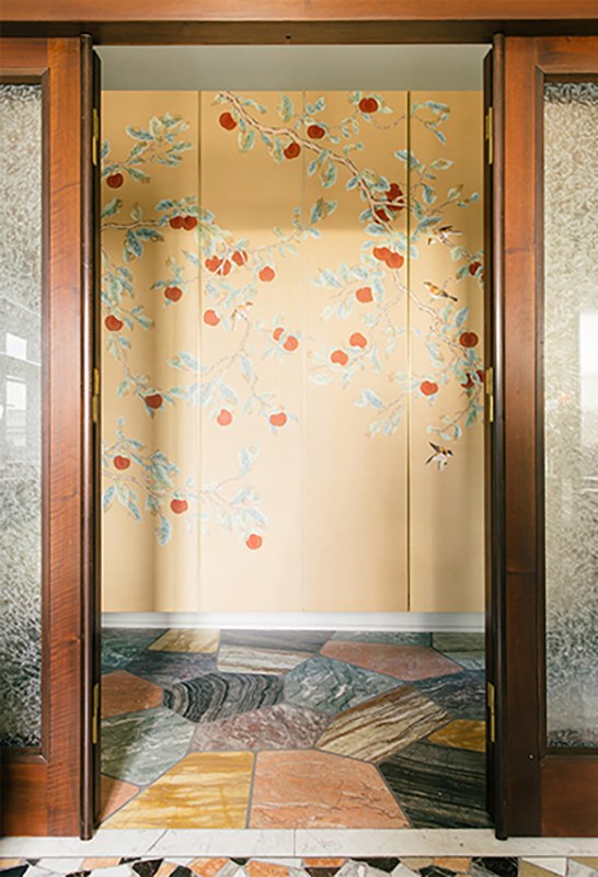 ripe red kaki tree with small bird on silk wallcovering for hall and entrance