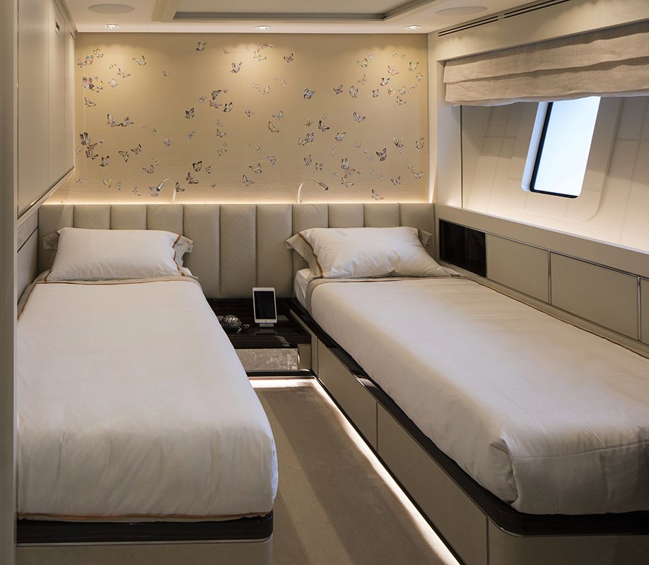 sanlorenzo yacht two cabin room installed with butterflies silk wallcoverings