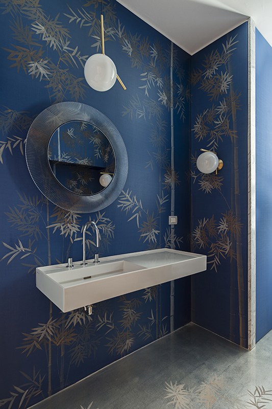 beautiful powder room with japanese bamboo forrest silk wallcoverings