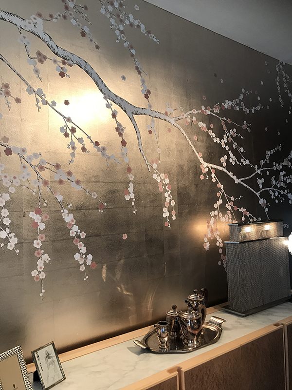 details of metallic wallpaper with japanese design plum flower