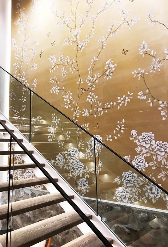 details on japanese silk wallcoverings with gold colour nuance and oriental flower design  