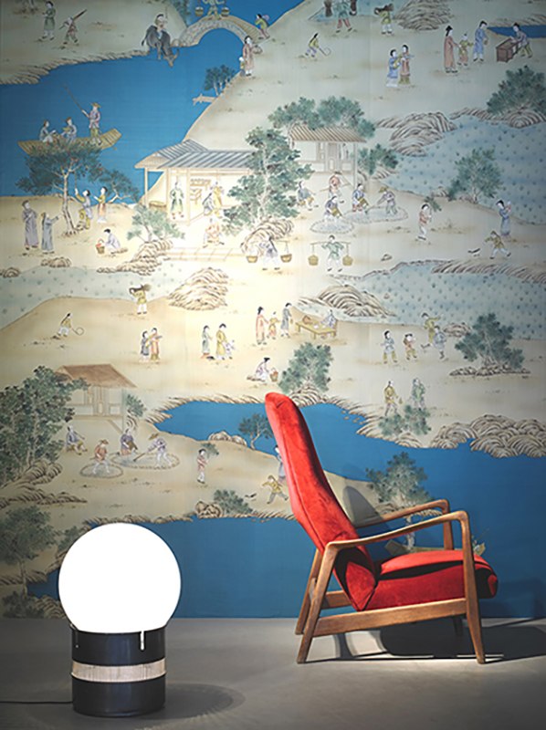 Chinese village wallcoverings on blue background silk for milan design week 2016