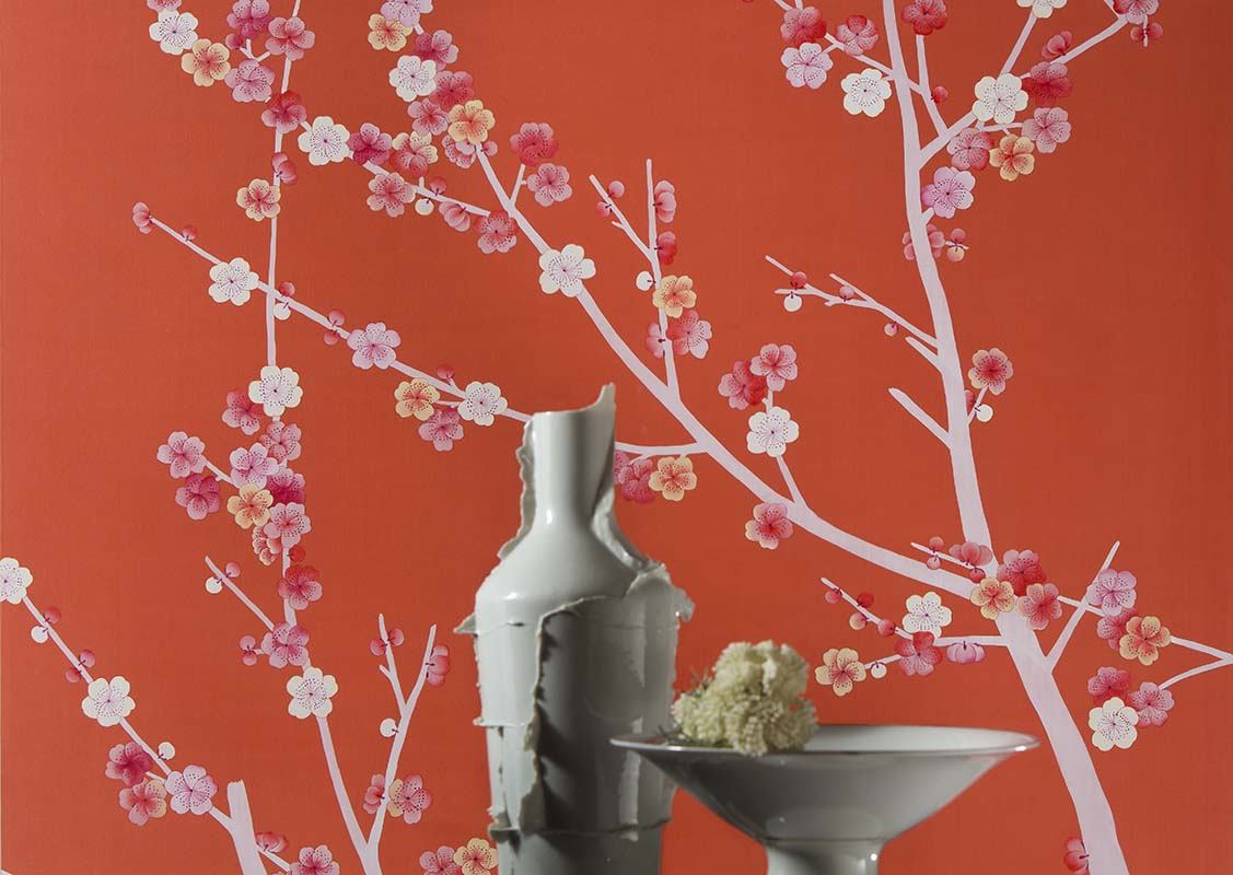 Beautiful details of cherry tree silk wallcoverings for livingroom