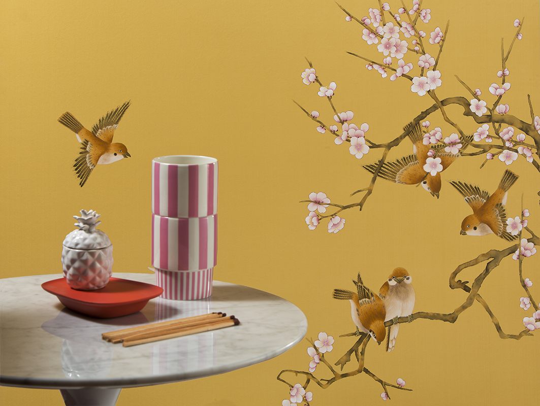 asian design silk wallpaper with sparrows and laden blossoms on gold background