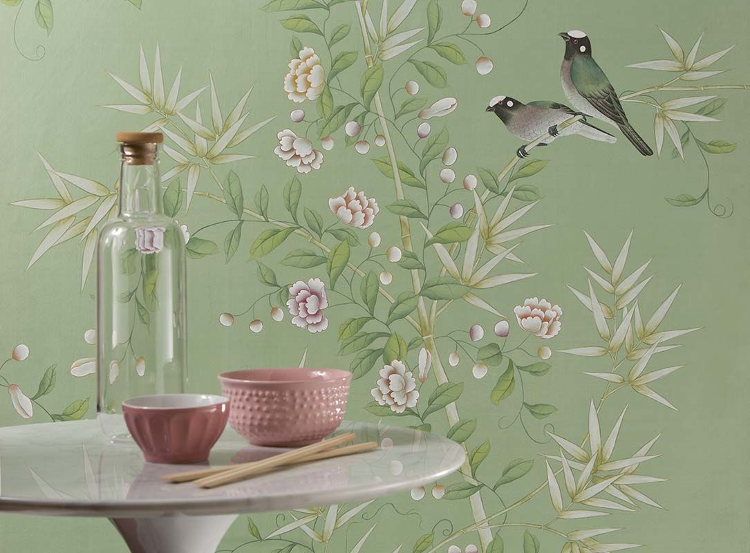 spring bamboo garden silk wallpaper with traditional chinese design
