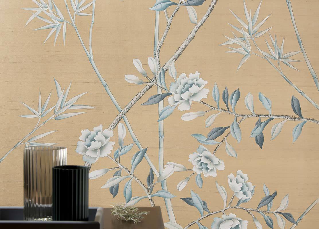 tendrils flowers silk wallcoverings for living room with cream background colour