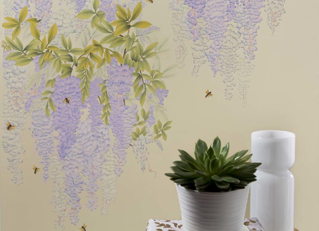 Beautiful wisteria design silk wallpaper for livingroom
