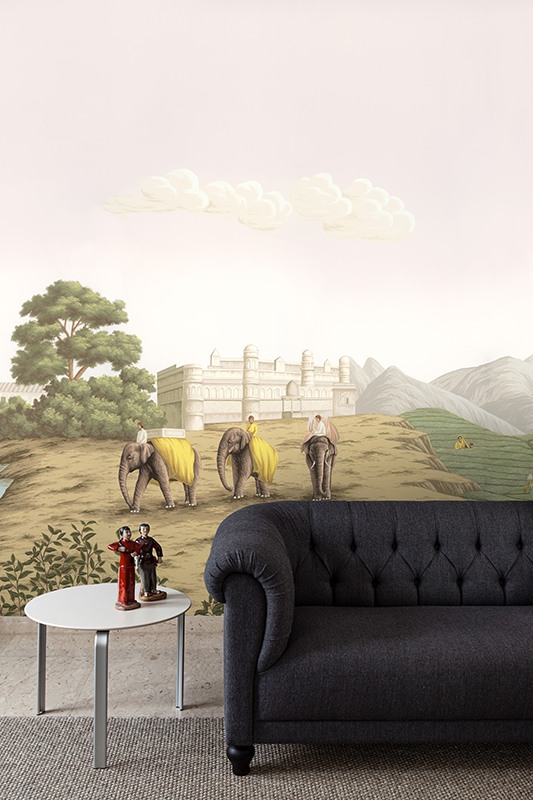 Beautiful silk wallcoverings for living room with elephants part of grand tour series the Tea Route for Driade