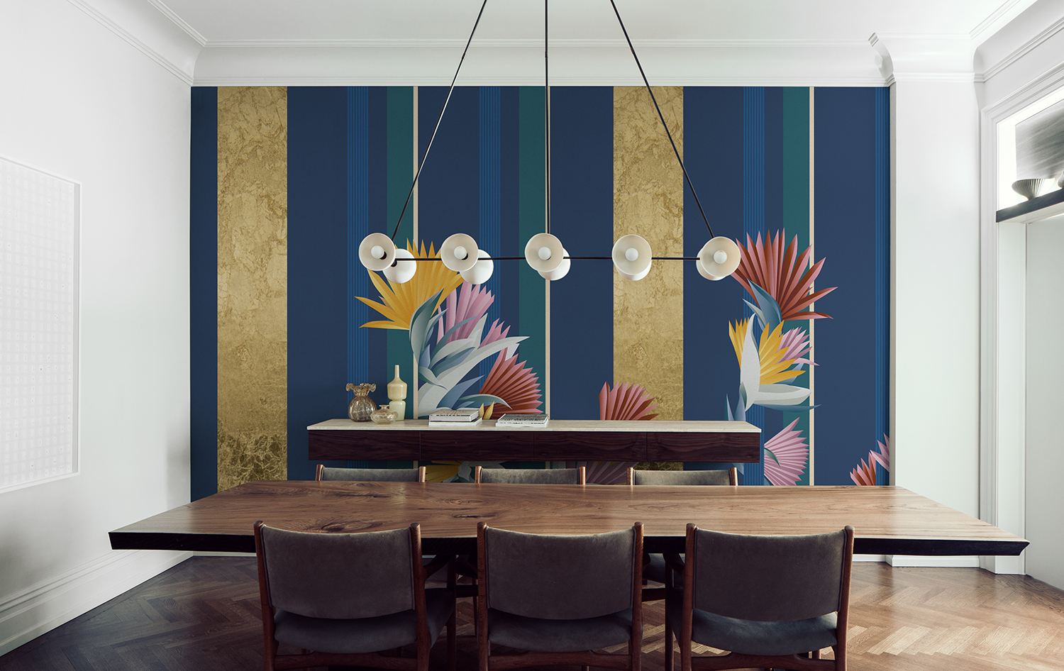 Cabana wallcoverings for dining room in golden sky colour way and metallic