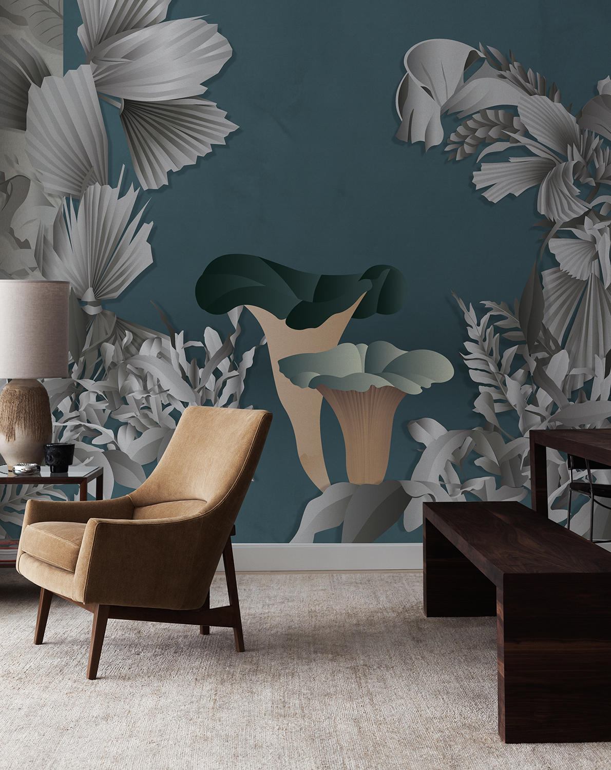 Mushroom wallpaper for livingroom design by Cristina Celestino on silk wallcoverings