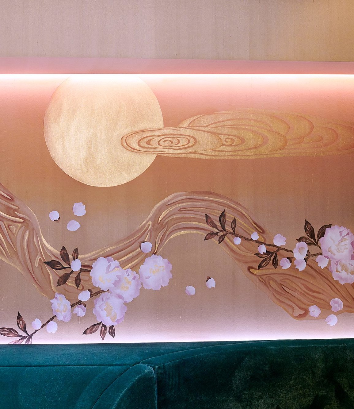 cherry flower hand painted wallcoverings for interior restaurant