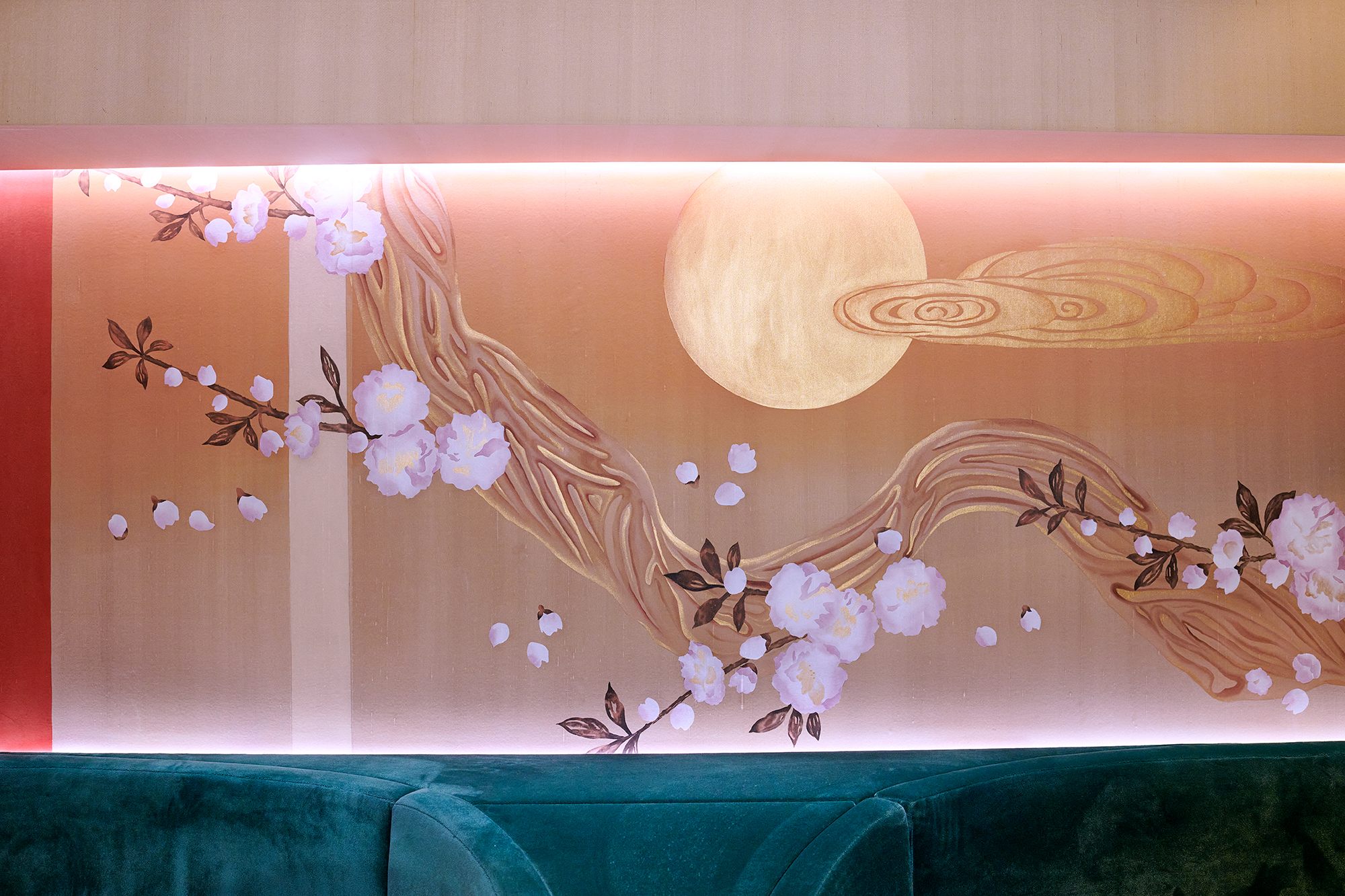 cherry flower hand painted wallcoverings for interior restaurant